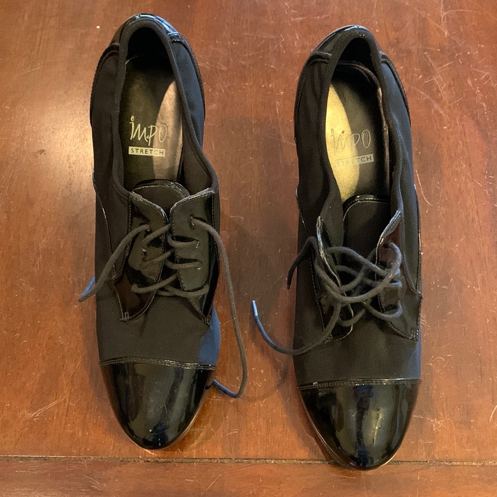 IMPO HELENA stretch stiletto heels size 10M black with fabric and patten leather